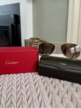 NIB Authentic Cartier Gold Metal Aviator Sunglasses.